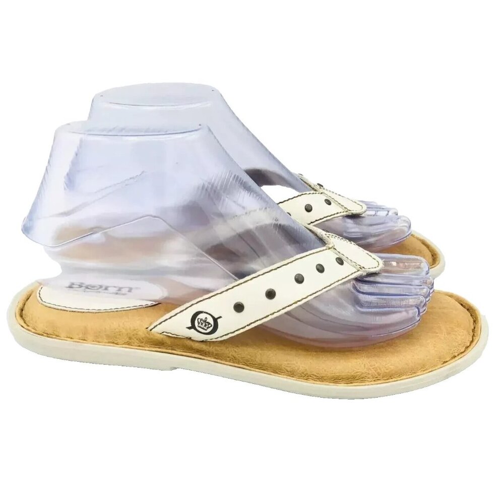 Born Concept Sandals Womens Size 7 M White Leather Thong Slip On Flip Flop Slide